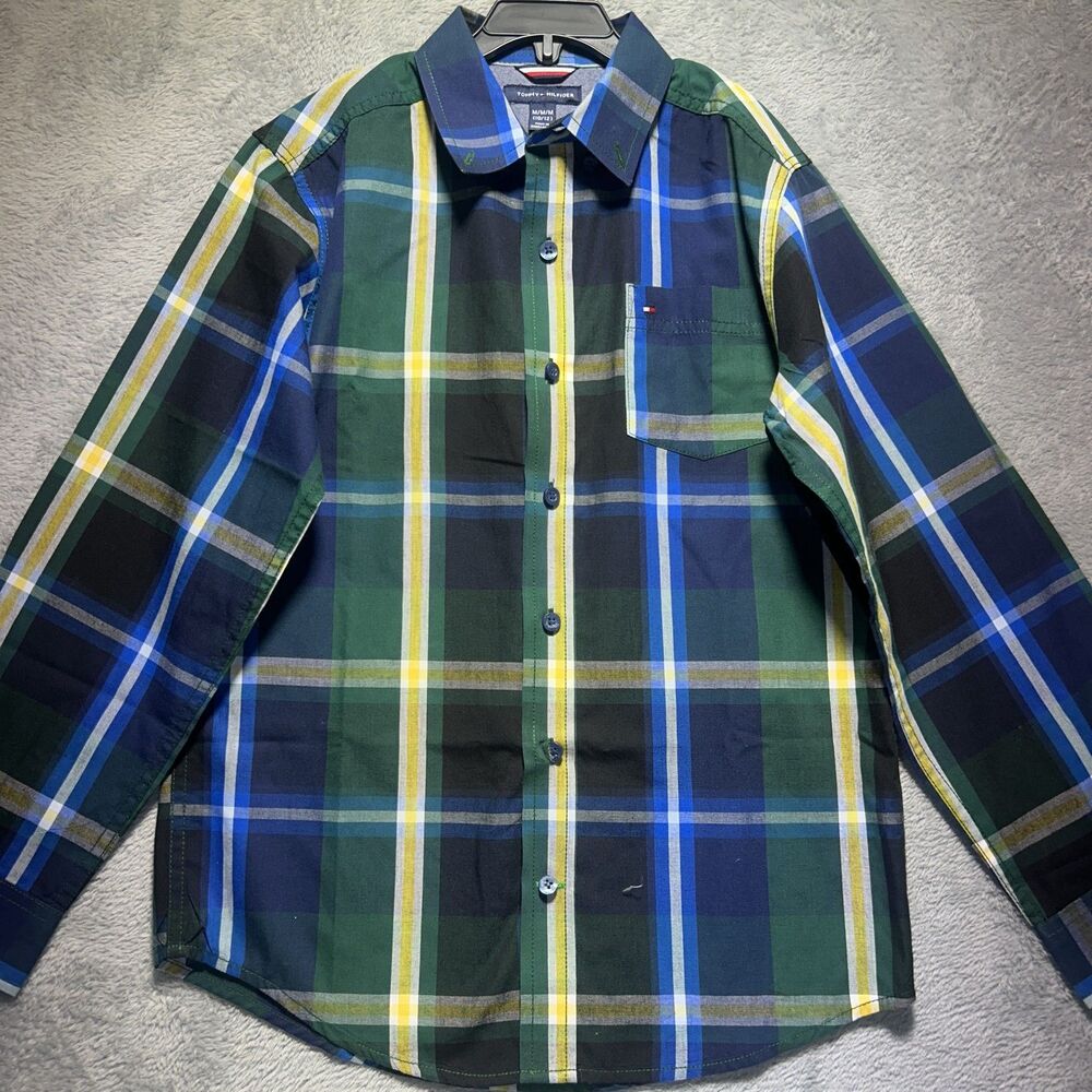 Tommy Hilfiger Shirt Boys 10-12 Green Plaid Button-Up Long Sleeve Pocket Logo